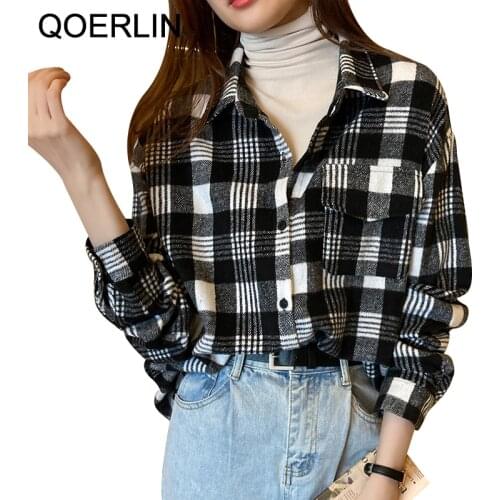QoerliN 2020 Autumn Winter New Korean Style Retro Casual Lapel Long Sleeve Single-Breasted Shirt Women Plaid Plus Size Blouse