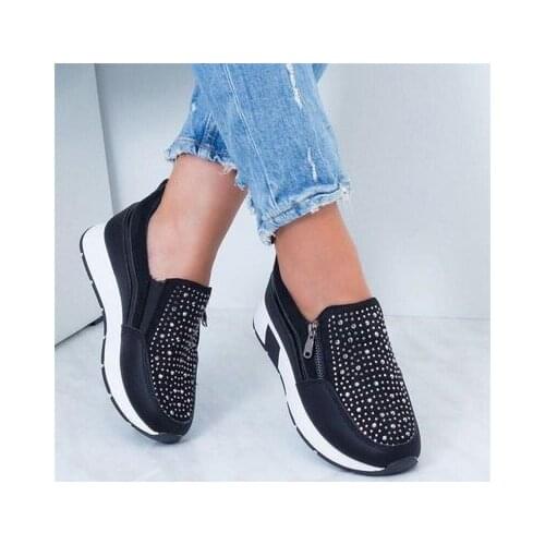 2021 trend Rhinestone Women Sneakers Spring Autumn Zipper Platform Trainers Women Non-slip Breathable Outdoor Vulcanized Shoes
