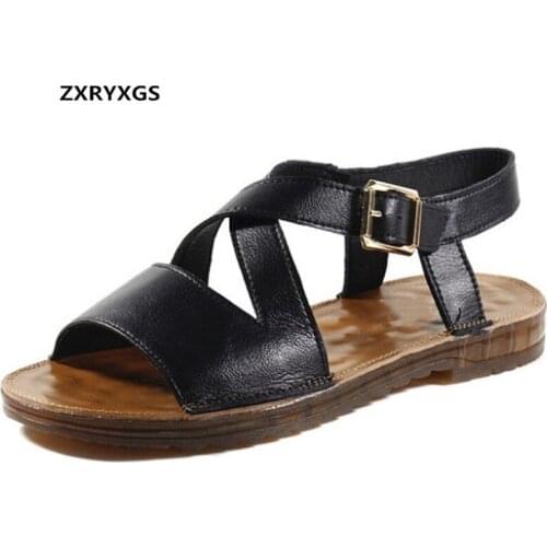2020 Famous New Summer Open Shoes Women Genuine Leather Sandals Flat Soft Bottom Wear Comfortable Shoes Sandals Casual Sandals