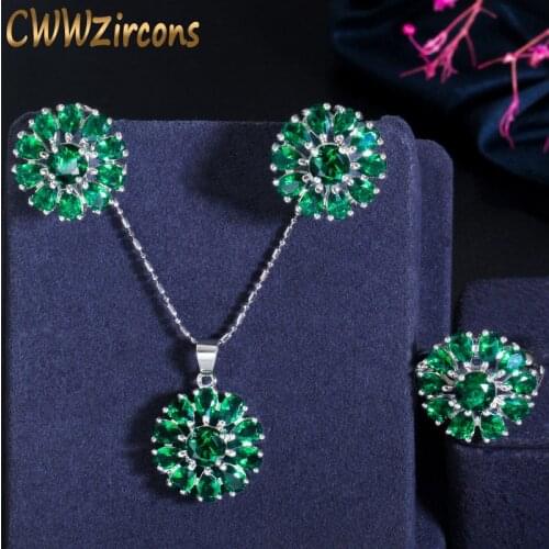 CWWZircons Classc Green Crystal Flower Pendant Necklace Earring and Ring Sets for Women Fashion Brand Cosutme Jewelry Set T269