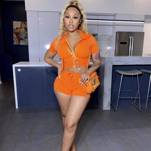 Solid Hoodies 2 Two Piece Set Women Tracksuit Zip Crop Top+Biker Shorts Sets Sport Casual Vacation Outfits Summer New