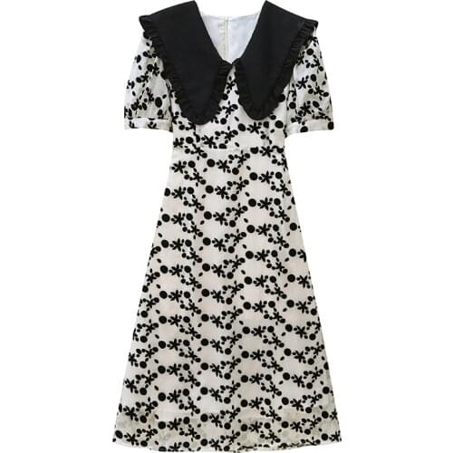 PERHAPS U Women Summer Elegant Flocking Floral Print Ruffles Peter pan Collar Puff Sleeve Lace Up Spliced A-Line Dress D3058