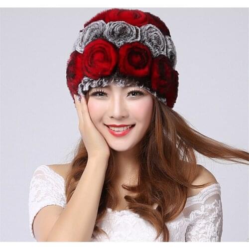 Winter Women 100% Natural Real Rex Rabbbit Fur Hats Lady Warm Soft Knit Flower Caps Outdoor Beanies H7