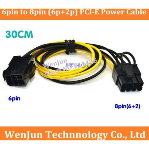 100PCS Free Shipping 30CM PCI-E 6Pin Female to 8Pin ( 6P+2P ) Male Video Card Power Extention Cable 18AWG