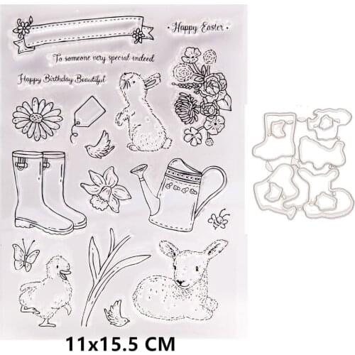 2021 New Rabbit Flowers Clear Stamps and Metal Cutting Dies DIY Scrapbooking Embossing Album Crafts Seal Template Punch Stencils