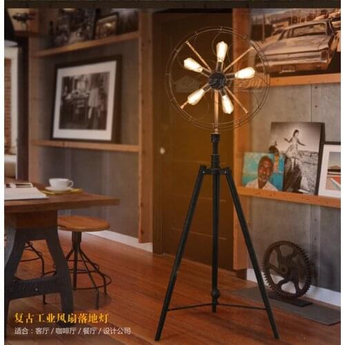 American country LOFT Industrial Fan floor lamp wrought iron retro living room bedroom standing lamp