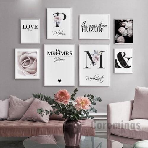 Floral Letter Personal Custom Name Poster Couples Romantic Art Print Love Quotes Canvas Wall Painting Nordic Picture Room Decor