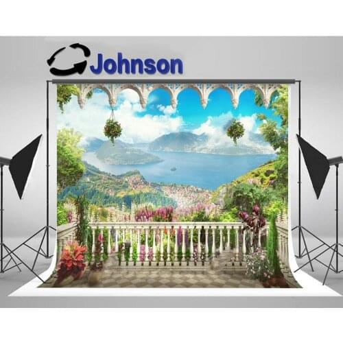 Arch Fresco Balcony Mountains Sea Flowers photography backgrounds Computer print wedding photo backdrop