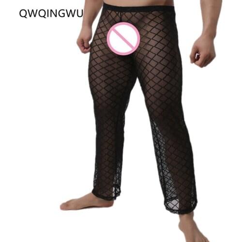 Long Johns Fashion Grid Fishnet Men Sexy See Through Pants Gay Male Funny Sheer Long Pajama Comfortable Sleep Bottoms Long Johns