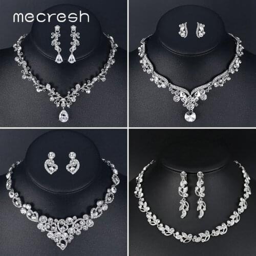 Mecresh Silver Color Flower Bridal Necklace Earrings Set for Women Luxury Heart Crystal Wedding Engagement Jewelry Sets TL310