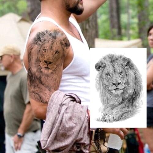 Mens Fashion Lion Temporary Tattoos Sticker For Men Boys Waterproof Fake Black Animal Tatoos Decal 3D Pencil Sketch Decoration