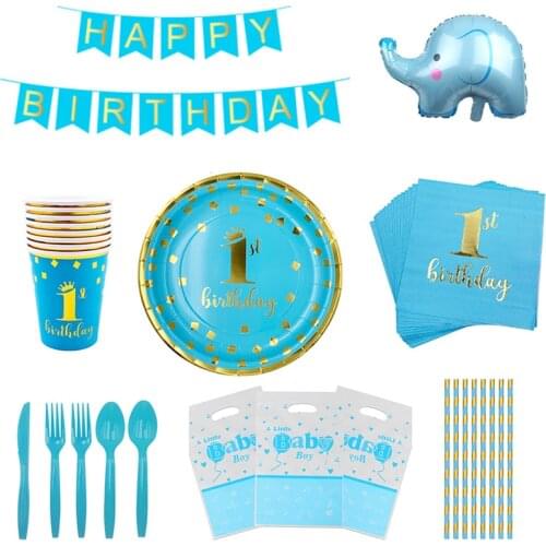 Baby Shower Disposable Tableware Set Straw Banner First Birthday Party Set Blue Baby Boy Birthday Party Decoration Supply