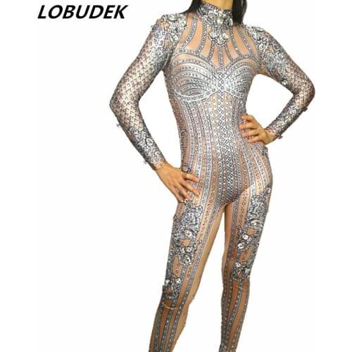Nightclub Bar DJ Singer Female Adult Costume Silver Shining Crystal Jumpsuit Pole Dancing Stage Wear Bodysuit Performance Wears