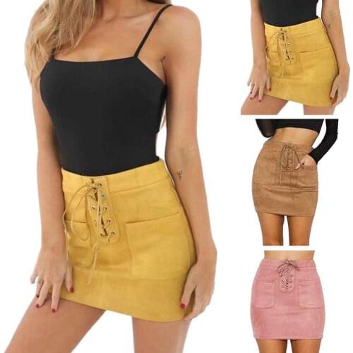 Solid Sexy Mini Skirts Summer Womens Fashion Sexy Women Faux Suede Leather Lace Up High Waist Front Pocket Bodycon Mini Skirt