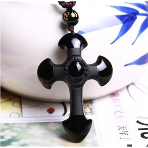 Drop Shipping Handmade Beads Chain Natural Black Obsidian Carving Crosses Lucky Amulet Pendant Necklace For Women Men