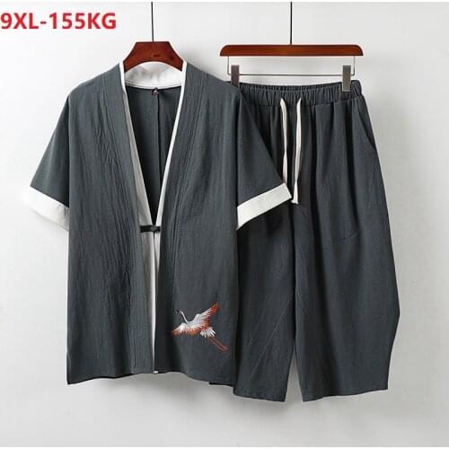 High quality summer Men Chinese style Short Sleeve shirt and shorts linen plus size 9XL 8XL Tang suit oversize shirts vintage 70