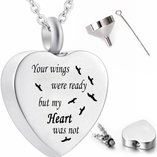 Heart Cremation Urn Necklace for Ashes Urn Jewelry Angel Memorial Pendant with Fill kit - Your wings were ready My heart was not
