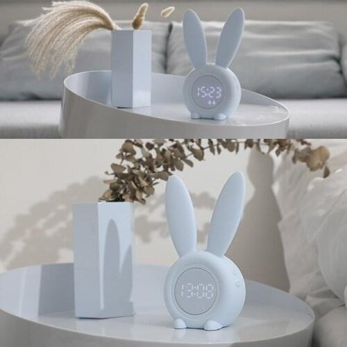 Cute Rabbit Timer Alarm Clock Sound And Light Control Night Light Temperature Calendar Rechargeable For Children Gift ALI88