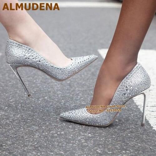 ALMUDENA Bling Bling Silver Crystal Wedding Pumps Thin High Heel Beaded Gem Embellished Party Shoes Pointed Toe Heels Size43