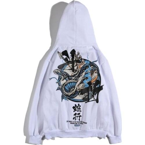 Chinese Character Print Thick Warm Pullover Sweatshirts Winter Men Cotton Loose Snake Print Streetwear Fleece Hooded Hoodies