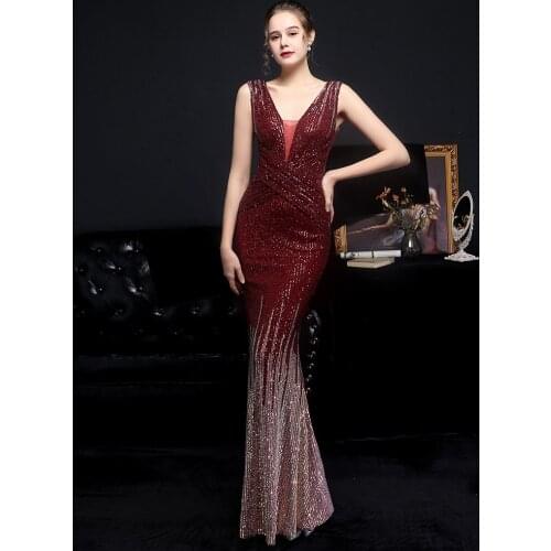 YIDINGZS V Neck Burgundy Sequin Evening Dress Women Elegant Party Maxi Dress