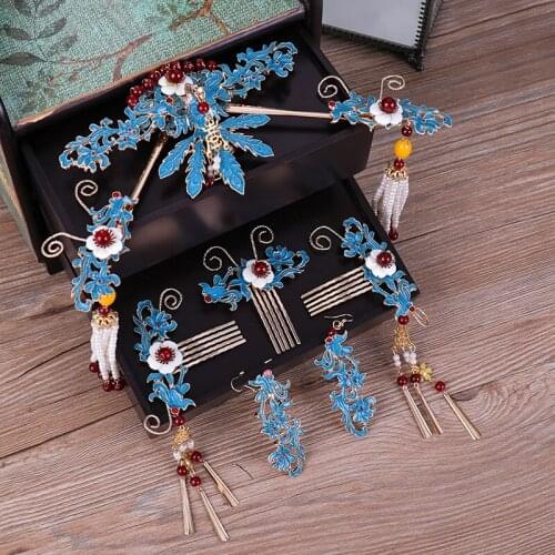 New Handmade Long Tassel Vintage Brides Hair Accessories Chinese Classical Wedding Headdress Jewelry Hair Combs Sticks Hairwear