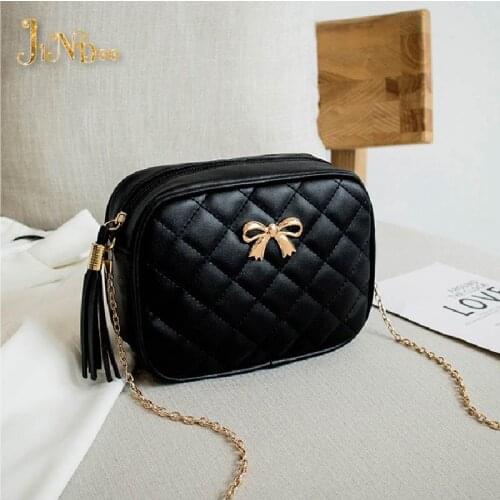 Fashion New 2021 Bowknot Women Messenger Bag Plaid PU Leather Shoulder Bag High Quality Chain Strap Crossbody Small Women Bag