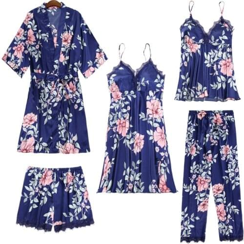 Print Women Pajamas 5 Pieces Satin Pajamas Sets Sleepwear Silk Home Wear Embroidery Sleep Lounge Lace Pyjama with Chest Pads