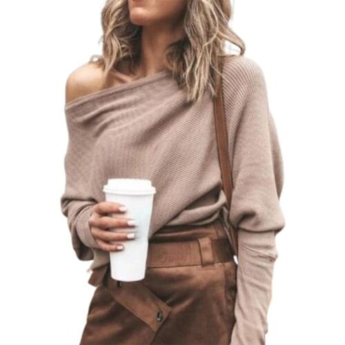 2021 Autumn New Women Sweater Elegant Off Shoulder Raglan Sleeve Sweater Pullover Knitted One Shoulder Top Knitted Pullovers