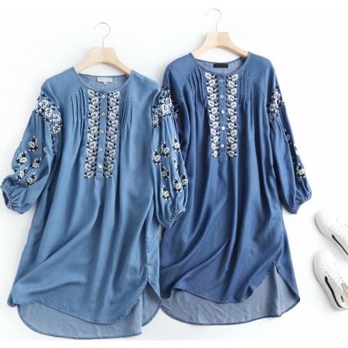 Mini embroidery denim dress women long sleeves casual summer loose denim dresses cotton blue o-neck jeans dress