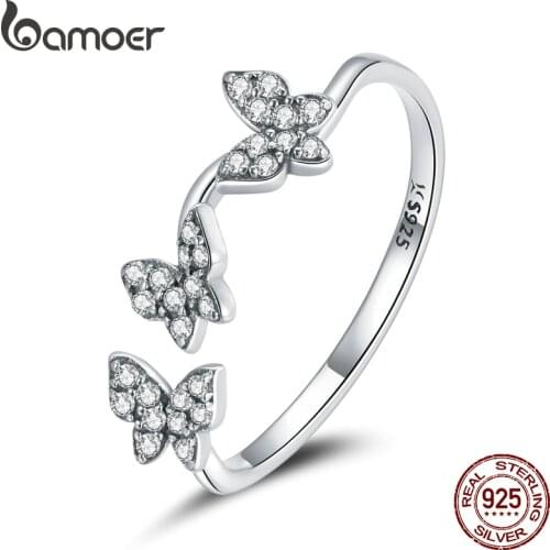 Bamoer Adjustable Budding Silver Ring 100% 925 Stelring Silver Enamel Flower Finger Rings for Women Free Size Gift SCR704