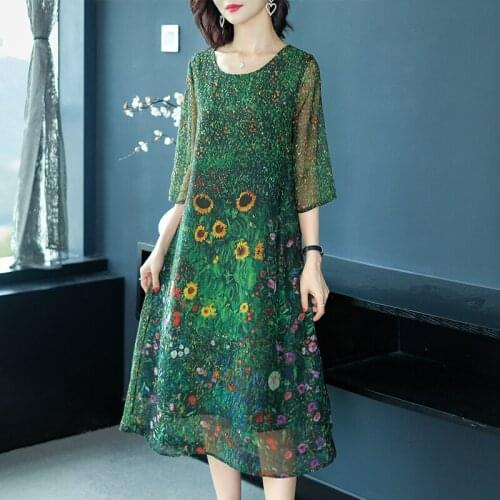 European And American Fashion Printed Female Dress Elegant Imitate Silk Dresses 2019 Summer Women O-Neck Loose Vintage Dresses