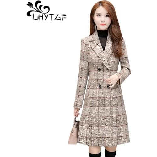 UHYTGF Quality autumn winter wool coat fashion plaid Double-breasted elegant female jacket lapel casual 4XL plus size coats 1044