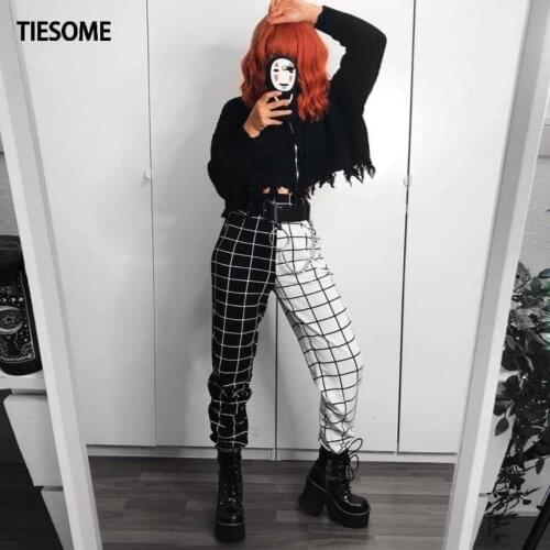 TIESOME Black and White Plaid Patchwork Trousers Summer 2020 Elastic Waist Pockets Sweatpants for Women Casual Bottom Femme Pant