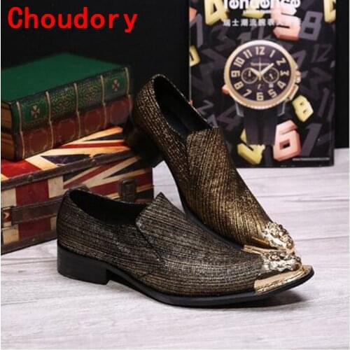 Choudory Casual Flats Sliver Gold Metal Tip Toe Handsome Loafers Mens glitter Shoes Skull High Heels Dress Wedding Shoes Leather
