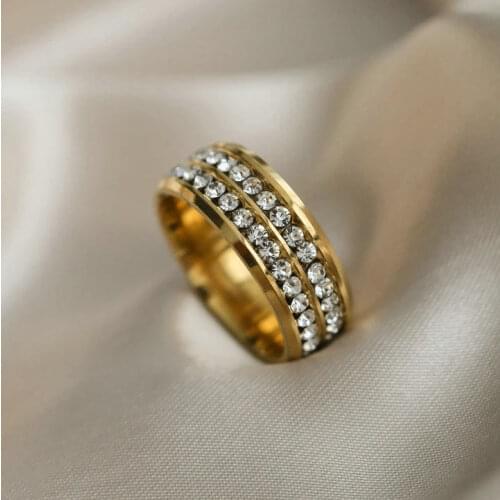 18K Gold IP Plateding Stainless Steel Double Row Rhinestone Rings For Women Girls Elegant Engagement Wedding Jewelry