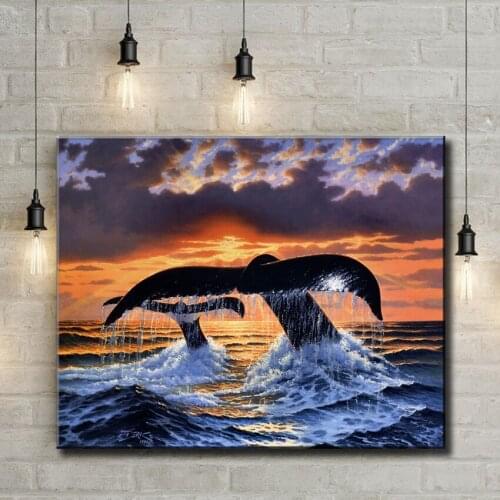 Cartoon animal sharks tail sunset sea scenery oil painting canvas printings printed on canvas home wall art decoration pictures