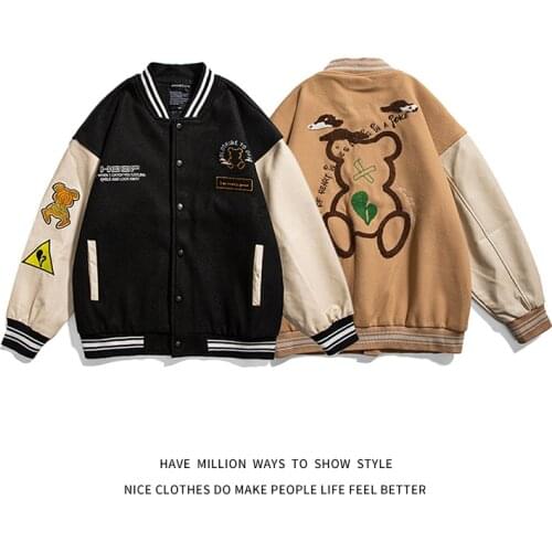 2021 New Autumn Bear Towel Embroid Oversize Womens Streetwear Baseball Bomber Jacket Unisex Mens Varsity Letter Coat Casual