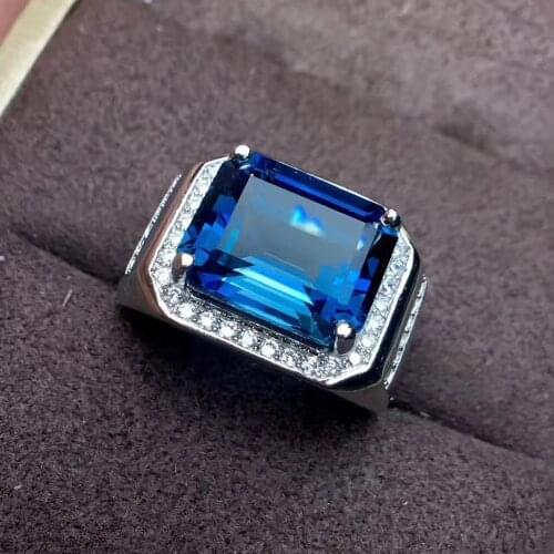 Natural blue topaz gem Ring S925 Silver Natural Gemstone big luxurious Square Ring Men Womens party gift Rings fine Jewelry