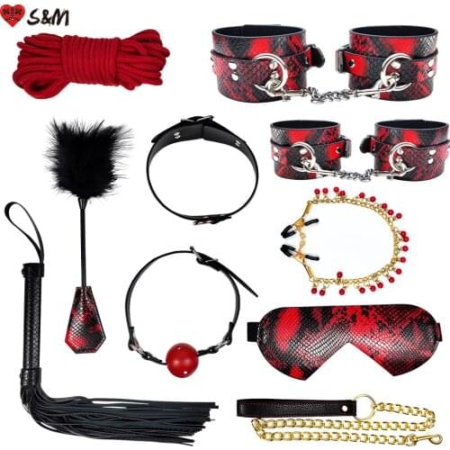 Sexy Snake BDSM Bondage Kits Genuine Leather Restraint Set Handcuffs Collar Gag Vibrators Sex Toys For Women Couples Adult Games