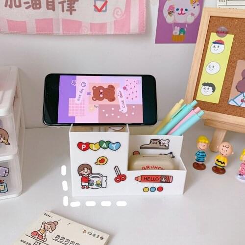 Kawaii Multifunctional Pen Holder Desktop Organizer Storage Box Free Sticker Mobile Phone Holder School Office Stationery
