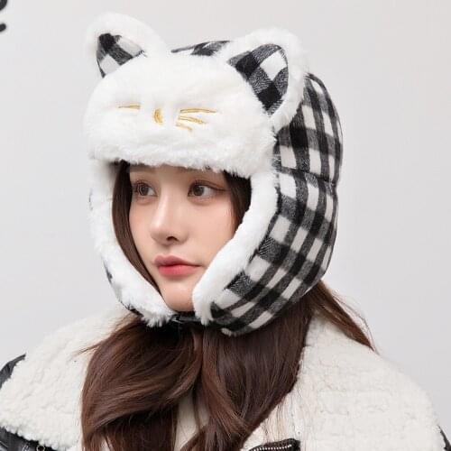 New Women Plaid Cute Hat High Quality Add Fur Lined Ears Winter Hat Wool Beanie Hats For Women Warm Cap