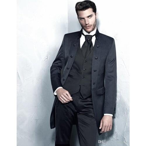 Latest Design Stand Collar Black Swallow-Tailed Coat 3 Pieces Formal Fashion Bespoke Slim Fit (Jacket+Trousers+Vest+Tie)