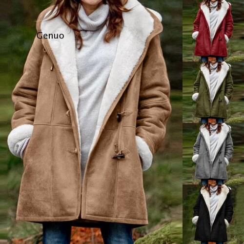 Plus Size Women Winter Warm Plus Velvet Coat Long Sleeve Horn Buckle Plush Pocket Hooded Overcoat Tops Cardigan Sweaters Mujer