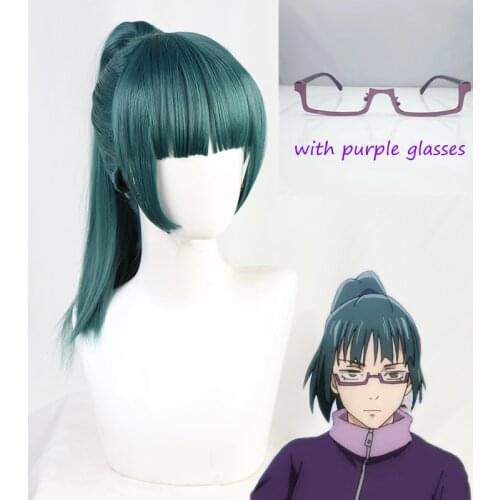 Anime Jujutsu Kaisen Zenin Maki Cosplay Wig 60cm Christmas Dark Green Wig Cosplay Heat Resistant Synthetic Wigs+ Wig Cap+Glasses