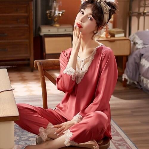 2PCS Pajamas Set Casual Pyjamas Nightwear Lace Female Sleepwear Satin Spring Home Clothing Long Sleeve Sexy Shirt&Pants Suit