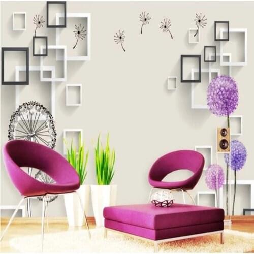 Custom mural wallpaper modern geometric 3D effect stereo black and white purple dandelion flower plant mural fashion living room