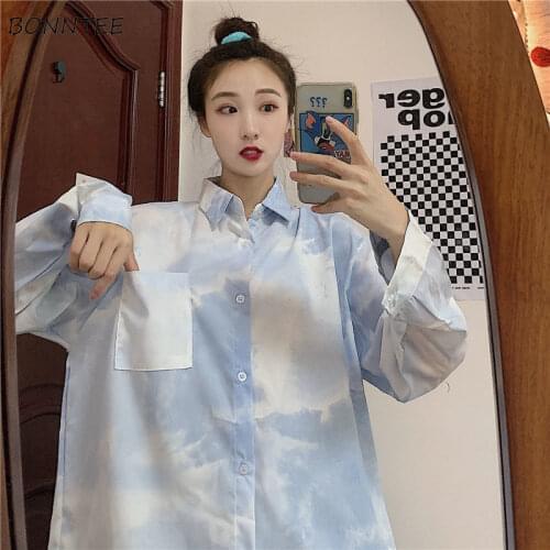 Shirts Women Blue Ins Button Up Shirt Harajuku Long Sleeve Simple Tie-dyed Spring Straight Ulzzang Pockets Streetwear All-match