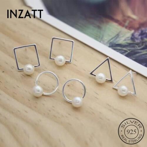 INZATT Real 925 Sterling Silver Triangle Square Pearl Stud Earrings For Fashion Women Geometric Fine Jewelry Punk Accessories