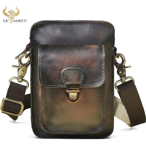 Genuine Leather Men Multi-function Design Small Messenger Bag Fashion Fanny Waist Belt Bag 6" Travel Phone Cigarette Pouch 6401